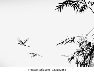 Ink style bamboo and crane