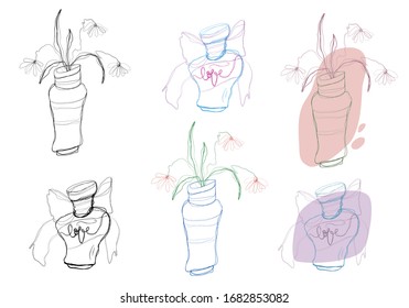 Jarrón de doodles vectoriales de tinta libre con flores y botella de perfume para telas o tu diseño aislado 
