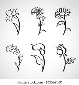 Ink style hand drawn sketch set  - summer flowers