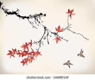 ink style maple leaves