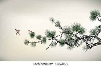 Ink style Pine Tree and birds