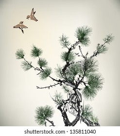 Ink style Pine Tree and birds