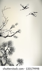 Ink style Pine Tree and crane