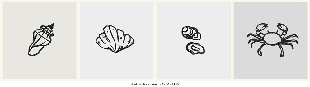 Tatuaje de tinta de animales de mar colección. Arte abstracto contemporáneo minimalista en Ilustración vectorial de estilo de dibujo de carbón o crayón. Conjunto de conchas de mar dibujadas a mano. Elementos de diseño dibujados a lápiz.