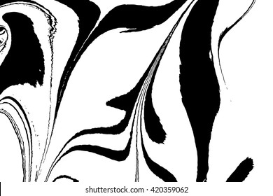 Ink texture. Mix of a white and black paint, closeup. Abstract marbling texture. Handmade ebru technique. Watercolor stains print background. Cover design for party invitation. Traditional Turkish.