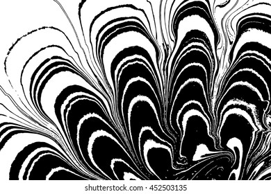 Ink texture. Mix of a white and black paint, closeup. Abstract marbling texture. Handmade ebru technique. Watercolor stains print background. Cover design for party invitation. Traditional Turkish.