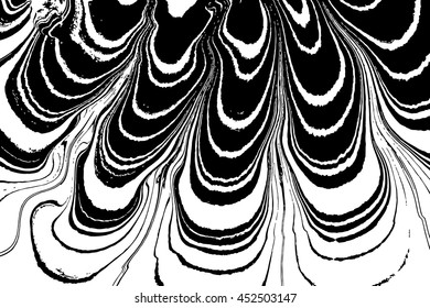 Ink texture. Mix of a white and black paint, closeup. Abstract marbling texture. Handmade ebru technique. Watercolor stains print background. Cover design for party invitation. Traditional Turkish.