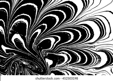 Ink texture. Mix of a white and black paint, closeup. Abstract marbling texture. Handmade ebru technique. Watercolor stains print background. Cover design for party invitation. Traditional Turkish.