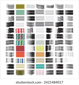 Ink textured brush. Grunge scratches and dirty texture paint splatters. Artistic brush strokes, frames and boxes vector collection. Black swatches, spots and blemishes. Brushes, abstract traces,