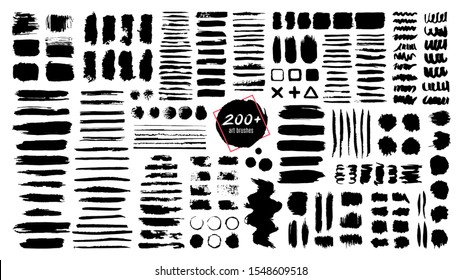 Ink textured brush. Grunge strokes and dirty texture paint splatters. Artistic brush blots, frames and text boxes isolated vector set. Black swatches, stains and smears. Paintbrush, abstract traces