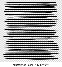 Ink thin long smooth brushstrokes abstract textured black big set isolated on imitation transparent background
