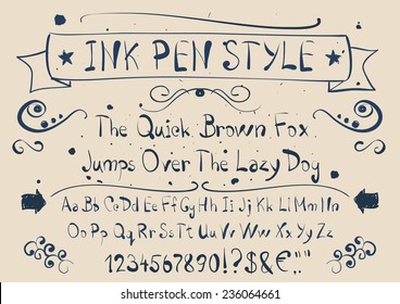Ink type, set of font alphabet, digits and symbols
