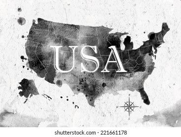 Ink United States map in black and white graphics in vintage style