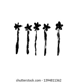 Ink vector brush stroke flowers set. Vector illustration. Grunge texture.