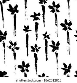 Ink vector brush stroke flowers seamless pattern. Vector illustration. Grunge texture.