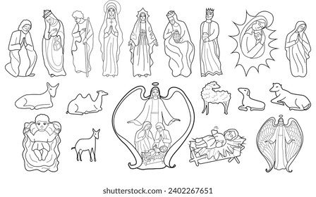  ink vector collection nativity scene of Our Lord Jesus Christ . Virgin Mary, baby Jesus, Joseph , Magi adoration, animals