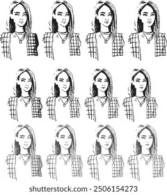 Ink Vector Girl Portrait line Drawing Sketch plaid shirt cute woman face clip art different variants of emotions of appearance linear drawing human figure minimalist style contour design head outline