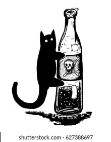 Ink vector illustration. Black cat with bottle of poison