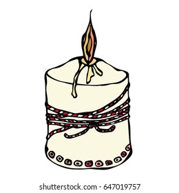 Ink Vector Illustration Isolated On a White Background Doodle Cartoon Vintage Hand Drawn Sketch. Fat Burning Candle with Ribbon