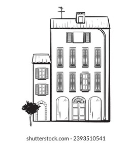 ink vector. Italian. Exterior sketch a street. entryways, windows with shutters chimneys and an antenna. Trees. Perfect for brochures travel imagery real estate and agency promotions