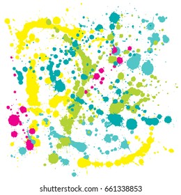 Ink vector splats, colorful hand drawn paint spots background. Bright hipster grunge graffiti. Acrylic, gouache or wall oil paint splatter banner background pattern. Smudge, blobs, brushstroke dabs. 