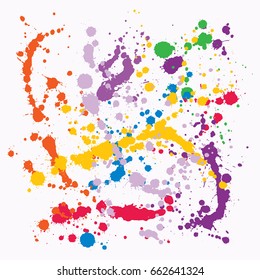 Ink vector splats, colorful hand drawn paint spots background. Bright hipster grunge graffiti. Acrylic, gouache or wall oil paint splatter banner background pattern. Smudge, blobs, brushstroke dabs. 