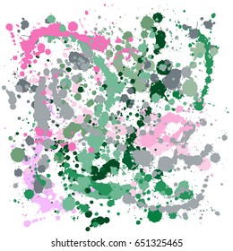 Ink vector splats, green, pink, grey hand drawn paint spots background. Bright hipster grunge graffiti. Acrylic, gouache or wall oil paint splatter background pattern. Smudge, blobs, brushstroke dabs.