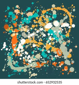 Ink vector splats, hand drawn paint spots background. Bright hipster grunge graffiti. Acrylic, gouache, oil paint splatter banner background pattern. Blue, orange, grey smudge, blob, brushstroke dabs.