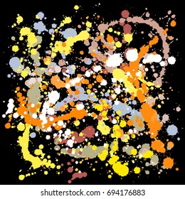 Ink vector splats, hand drawn paint spots background. Bright hipster grunge graffiti splatter. Acrylic, gouache or wall oil paint splatter banner background pattern. Smudge, blobs, brushstroke dabs.