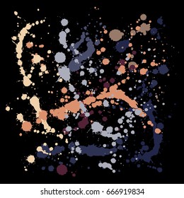 Ink vector splats, red and blue hand drawn paint spots background. Bright hipster grunge graffiti. Acrylic, gouache or oil paint splatter pattern. Smudge, blobs, brushstroke dabs.