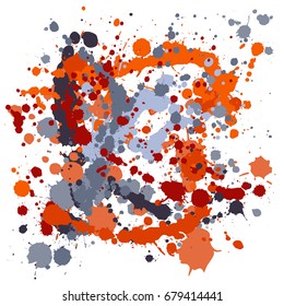 Ink vector splats, red and grey hand drawn paint spots background. Bright hipster grunge graffiti. Acrylic, gouache or wall oil paint splatter background pattern. Smudge, blobs, brushstroke dabs.