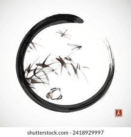 Ink wash painting of bamboo, little angry frog and dragonflies in black enso zen circle. Traditional oriental ink painting sumi-e, u-sin, go-hua. Translation of hieroglyph - beauty.