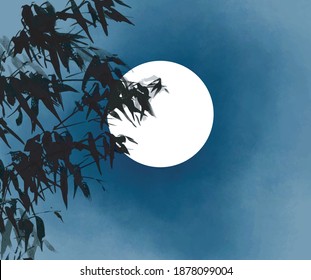 Ink wash painting of bamboo and the moon. Traditional oriental ink painting sumi-e, u-sin, go-hua