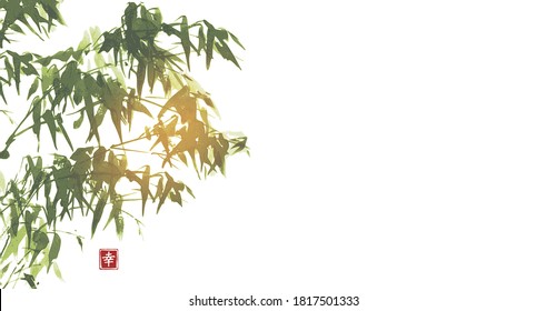 Ink wash painting of bamboo on white background. Traditional oriental ink painting sumi-e, u-sin, go-hua. Hieroglyph - happiness.