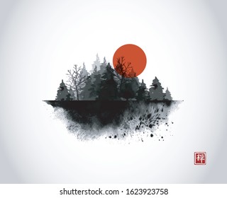 Ink wash painting with big red sun and black wild forest on white background. Traditional oriental ink painting sumi-e, u-sin, go-hua. Hieroglyph - zen.