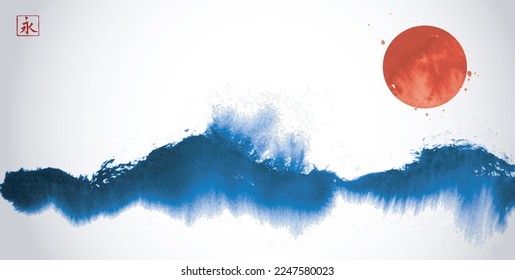 Ink wash painting with big red sun over the blue sea wave. Traditional oriental ink painting sumi-e, u-sin, go-hua. Simple minimalist style. Translation of hieroglyph - eternity.