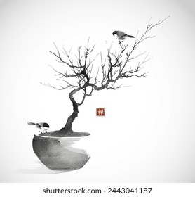 Ink wash painting of birds on a leafless bonsai tree in a pot. Traditional oriental ink painting sumi-e, u-sin, go-hua. Translation of hieroglyph - zen.