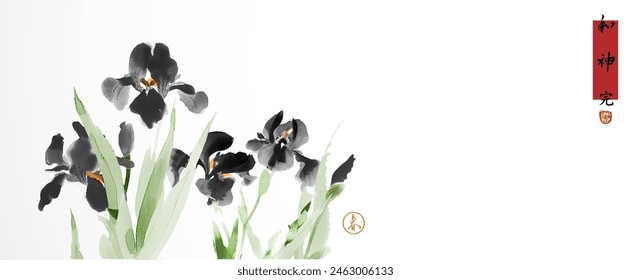 Ink wash painting of black iris flowers. Traditional oriental ink painting sumi-e, u-sin, go-hua. Hieroglyphs - harmony, spirit, perfection. spring