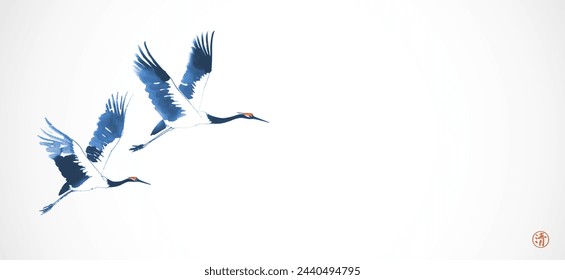 Ink wash painting with blue cranes in flight on white background. Traditional oriental ink painting sumi-e, u-sin, go-hua. Hieroglyph - clarity