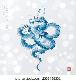 Ink wash painting of blue dragon on white glowing background. Traditional oriental ink painting sumi-e, u-sin, go-hua. Translation of hieroglyph - dragon.