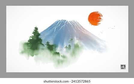 Farbige Waschmalerei auf einem blauen, miesen Fuji-Berg, grüne Pinienbäume und rote Sonne. Traditionelle japanische Tinte Waschmittel sumi-e. Hieroglyph - Seele.