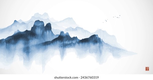 Pintura de lavado de tinta de las cordilleras brumosas azules. Tinta oriental tradicional pintura sumi-e, u-sin, go-hua. Jeroglífico - claridad.