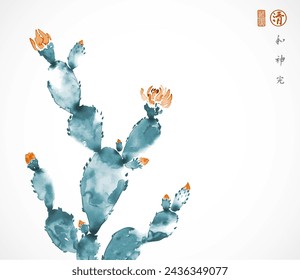 Ink wash painting of blue opuntia cactus with red flowers. Traditional oriental ink painting sumi-e, u-sin, go-hua. Hieroglyphs - harmony, spirit, perfection. 