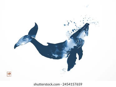 Ink wash painting of a blue whale in  water splashes. Traditional oriental ink painting sumi-e, u-sin, go-hua. Translation of hieroglyph - spirit.