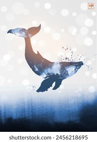 Ink wash painting of a blue whale in water. Traditional oriental ink painting sumi-e, u-sin, go-hua on white shimmering background. Hieroglyph - spirit