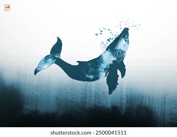  Ink wash painting of a blue whale in water. Traditional oriental ink painting sumi-e, u-sin, go-hua. Hieroglyph - spirit