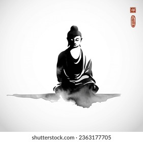 Pintura de Buda en el lavado de tinta en la meditación. Tinta oriental tradicional sumi-e, u-sin, go-hua. Traducción de jeroglífico - zen.