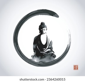 Ink wash painting of Buddha in meditation in black enso zen circle. Traditional oriental ink painting sumi-e, u-sin, go-hua. Translation of hieroglyph - clarity.