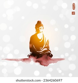 Ink wash painting of Buddha in meditation on white glowing background. Traditional oriental ink painting sumi-e, u-sin, go-hua. Translation of hieroglyph - zen.