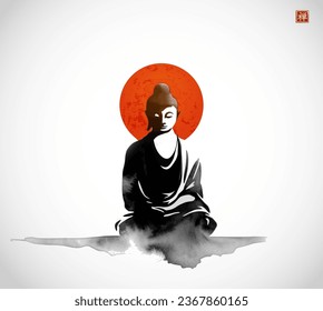 Pintura de Buda en el lavado de tinta en la meditación y un gran sol rojo. Tinta oriental tradicional sumi-e, u-sin, go-hua. Traducción de jeroglífico - zen.